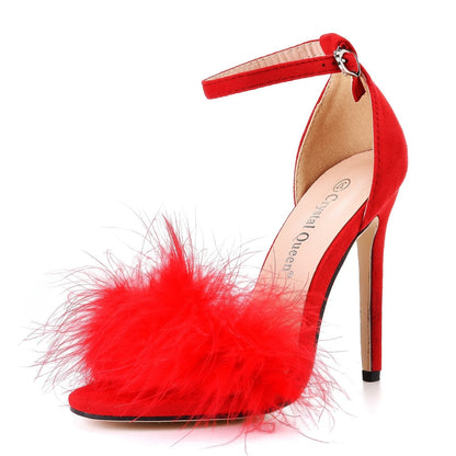 Fluffy Peep Toe Stilettos with Fur Feather